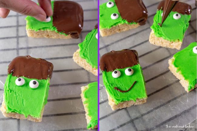A collage with candy eyes being applied to the Frankenstein crispy cereal treats on the left, and mouths being drawn on the cereal treats in chocolate on the right