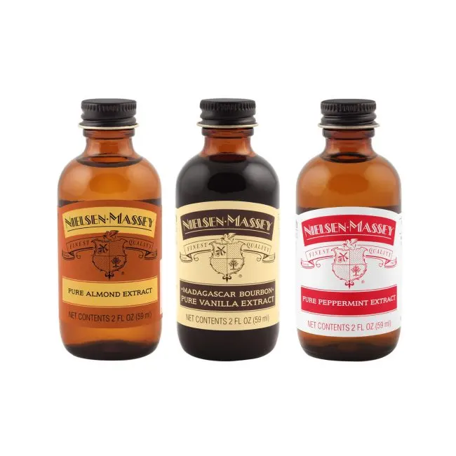 2-ounce bottles of Nielsen-Massey Almond Extract, Vanilla Extract, and Peppermint Extract