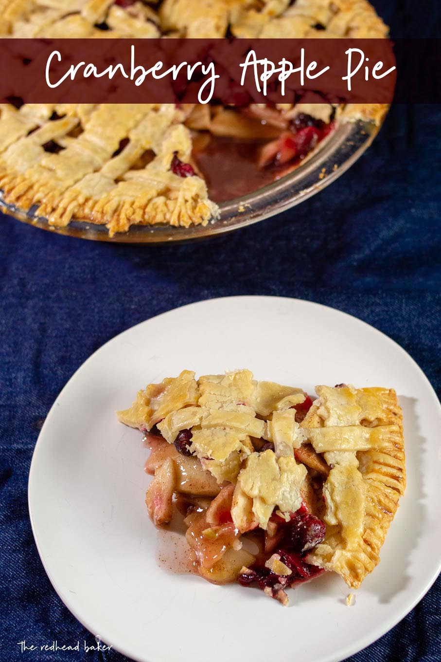 A slice of cranberry apple pie in front of the whole pie