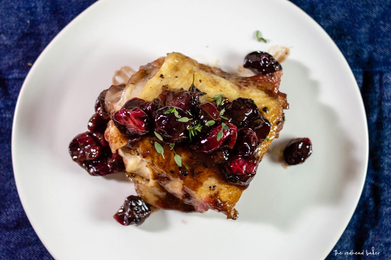 An overhead shot of cranberry balsamic chicken thighs