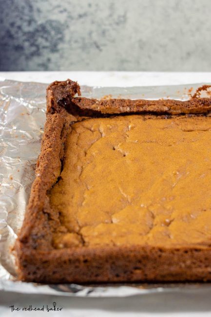 An uncut sheet of gingerbread white chocolate blondies