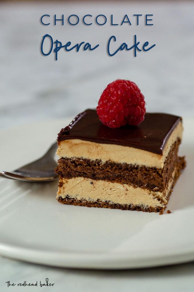 A slice of chocolate opera cake garnished with a fresh raspberry