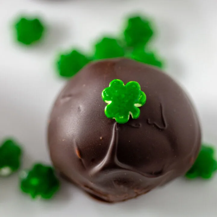 An Irish cream truffle on a white plate.