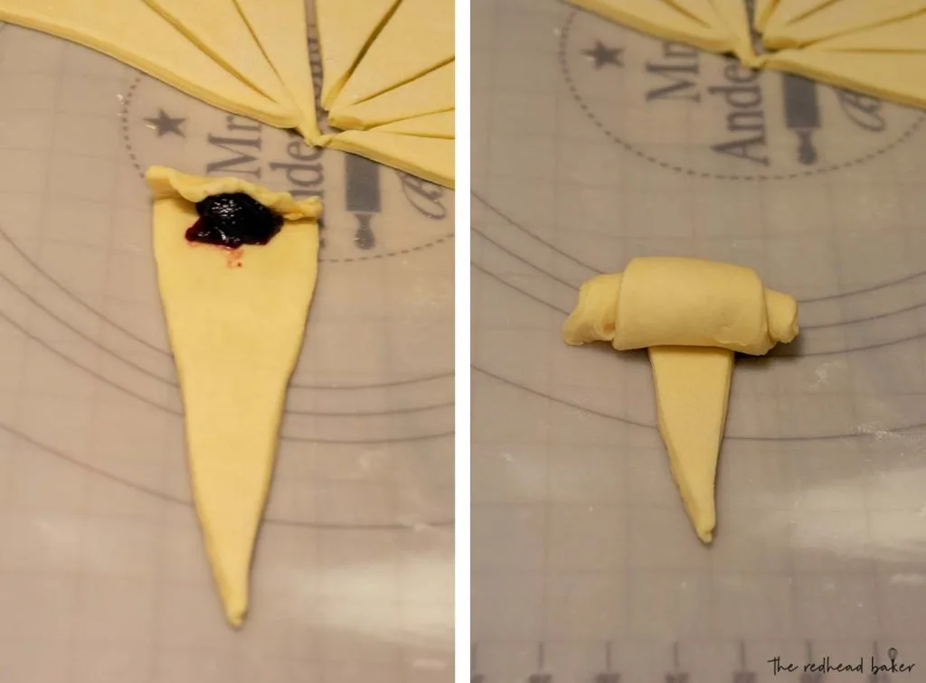 A process of photo of rolling the brioche triangle around the raspberry jam