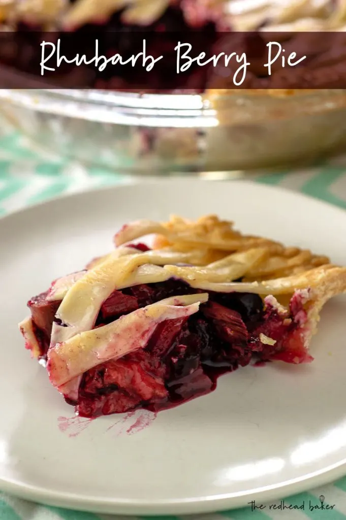 A slice of rhubarb berry pie on a plate