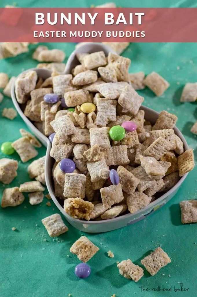 Easter Muddy Buddies (aka Bunny Bait) in a bunny-shaped serving dish