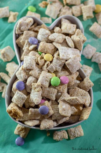 Easter Muddy Buddies (aka Bunny Bait) in a bunny-shaped serving dish