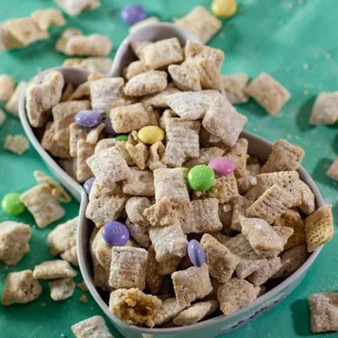 Easter Muddy Buddies (aka Bunny Bait) in a bunny-shaped serving dish