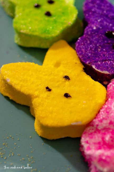 A close-up of a homemade marshmallow bunny coated in yellow sanding sugar