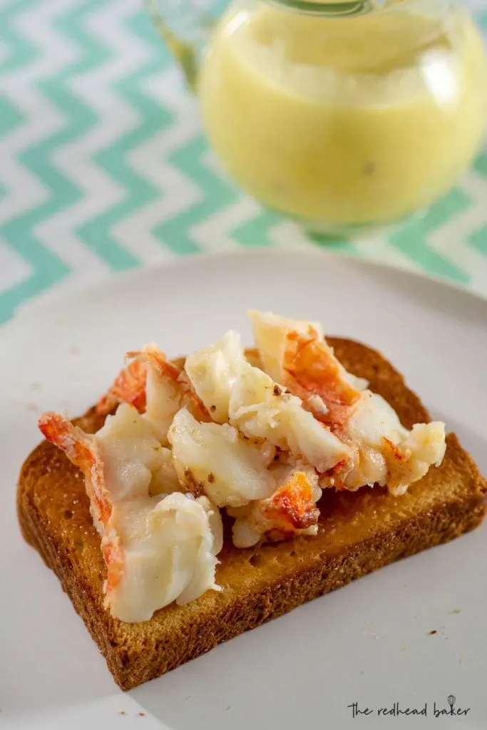 A plate with a slice of toasted brioche topped with lobster meat