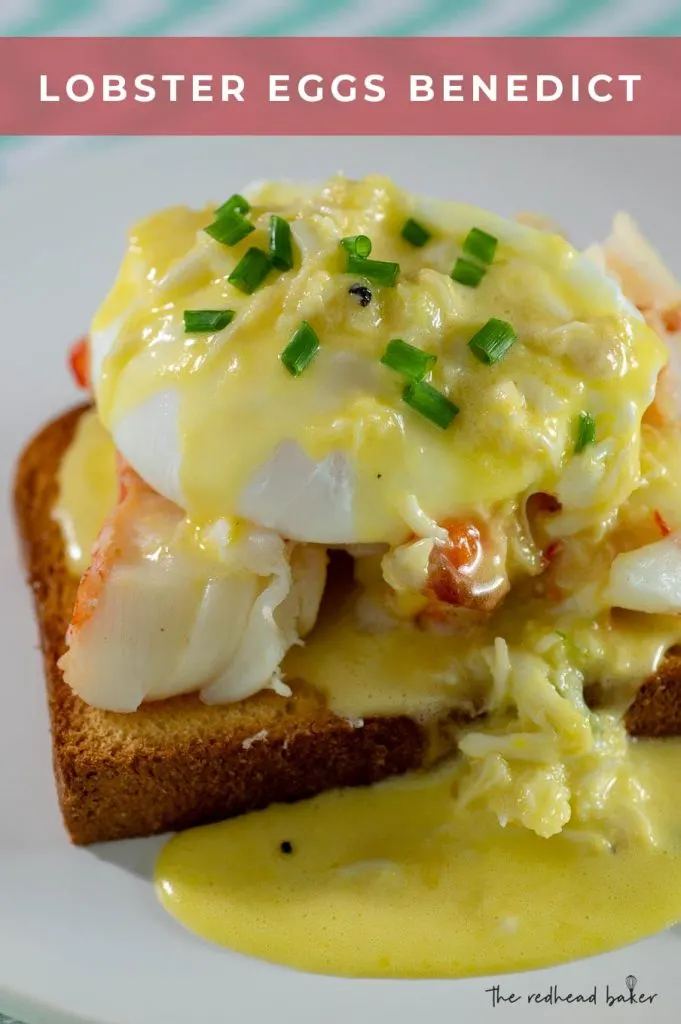 A close-up of a dish of lobster eggs benedict on a white plate