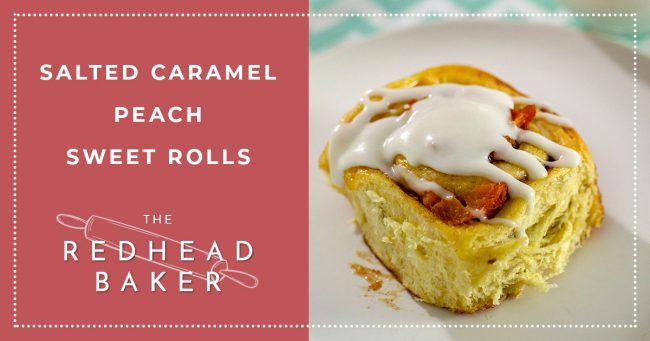 A salted caramel peach sweet roll on a white plate