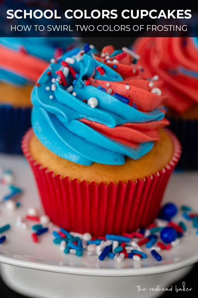 School colors cupcakes on a mini cake stand