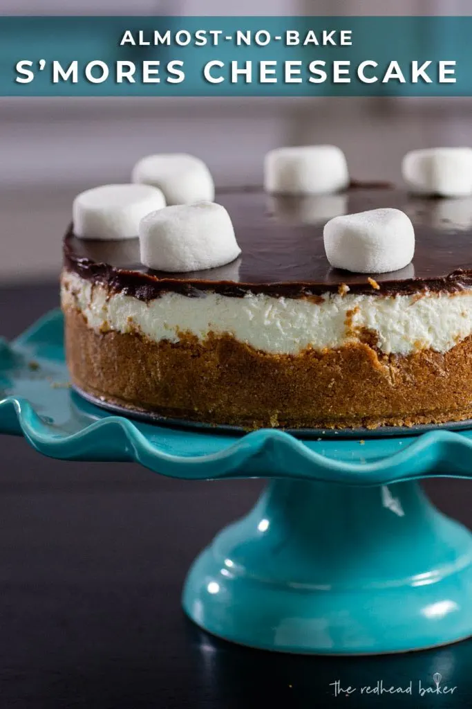 A whole smores cheesecake on a cake stand