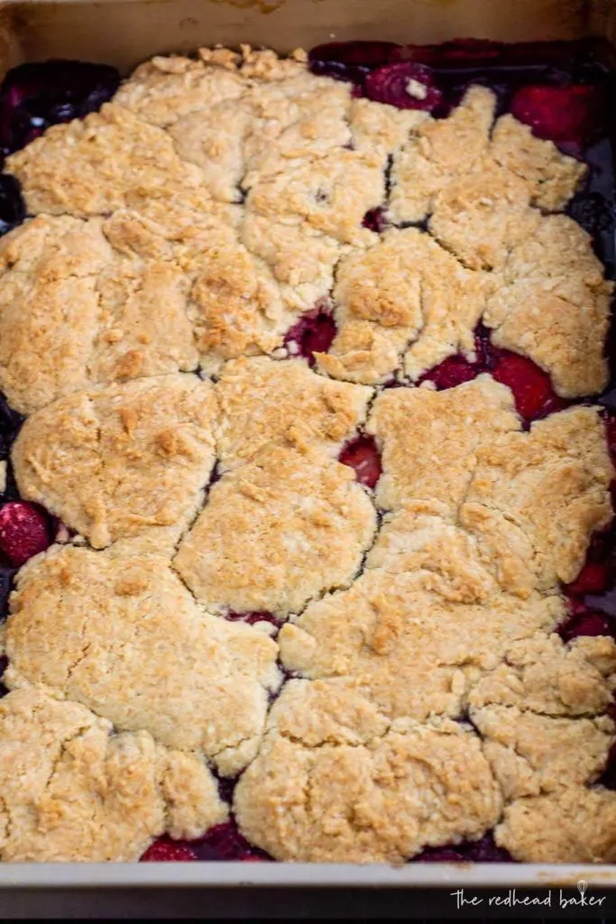 A baking pan of mixed berry cobbler