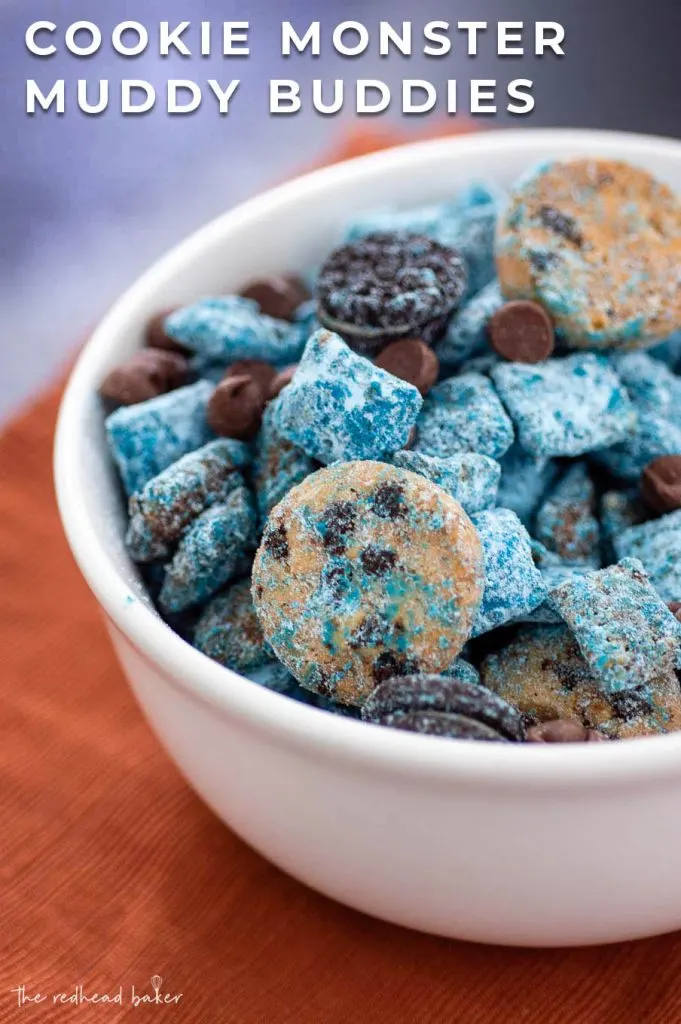 A close-up shot of a bowl of Cookie Monster muddy buddies