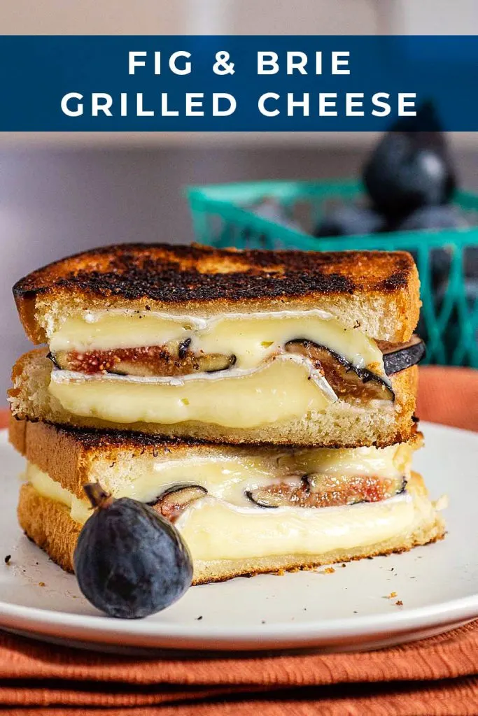 A fig and brie grilled cheese sandwich, sliced in half and stacked on a white plate
