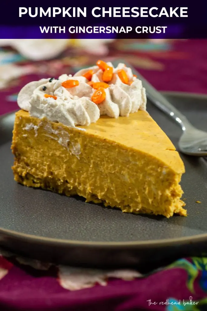 A slice of pumpkin cheesecake on a plate, on a floral napkin