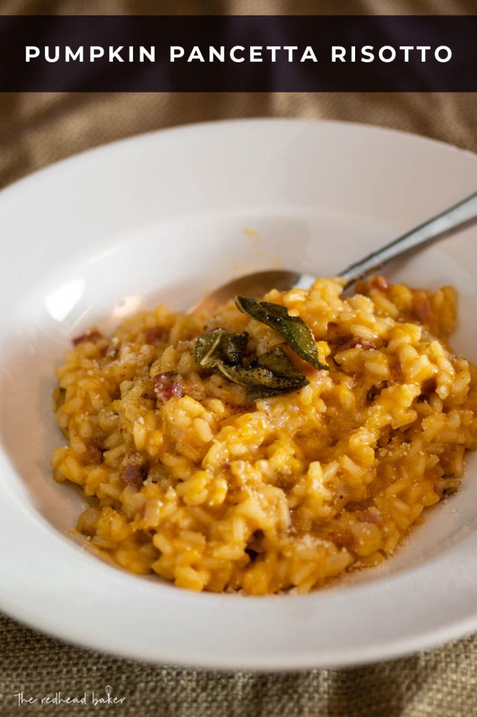 A dish of pumpkin pancetta risotto topped with fried sage
