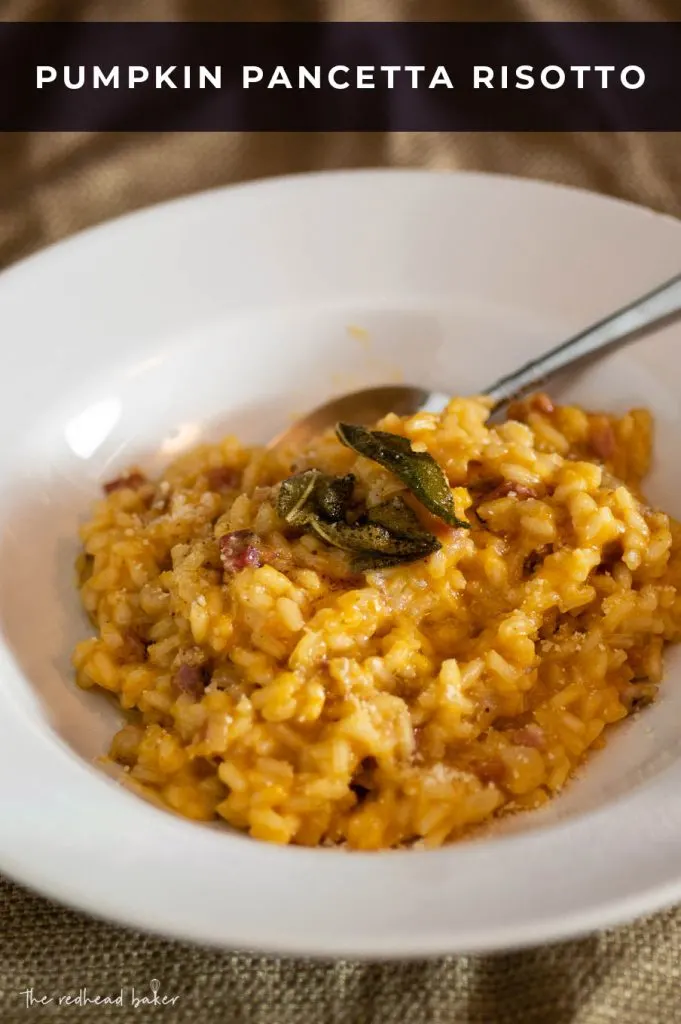 A dish of pumpkin pancetta risotto topped with fried sage