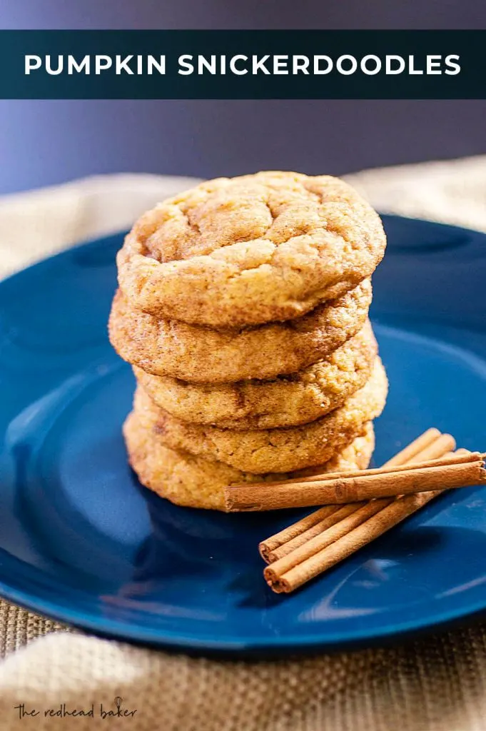 A stack of pumpkin snickerdoodles on a blue plate