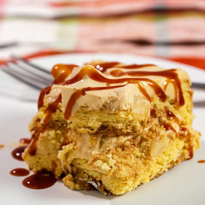 Caramel apple tiramisu drizzled with caramel sauce