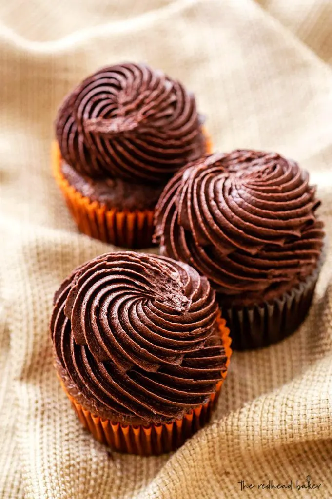 Three chocolate cupcakes with chocolate kahlua buttercream