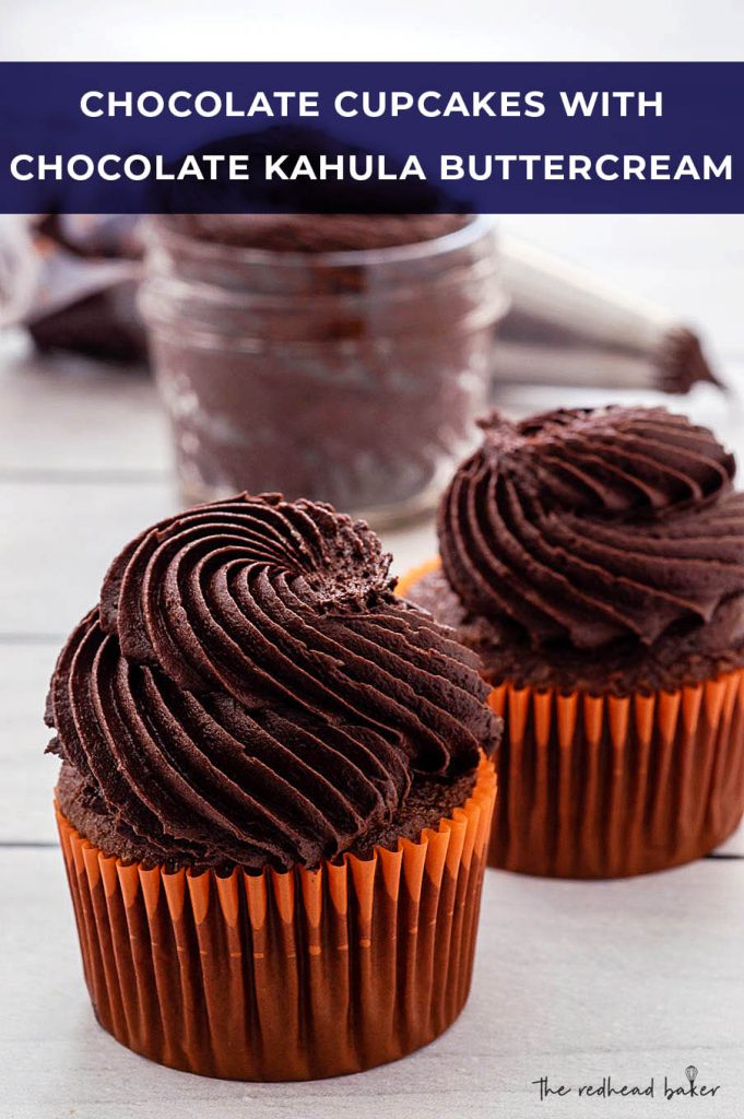 Rich, moist chocolate cupcakes are topped with decadent chocolate kahlua buttercream. These will satisfy even the biggest chocolate craving!
