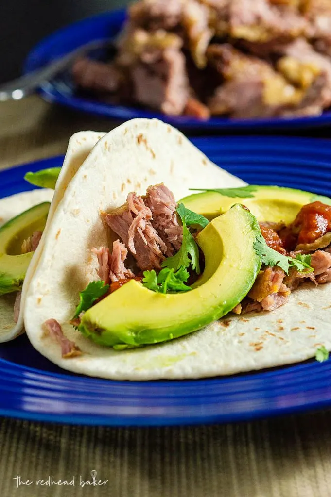 Two pork carnitas tacos on a blue plate in front of a pile of carnitas meat.