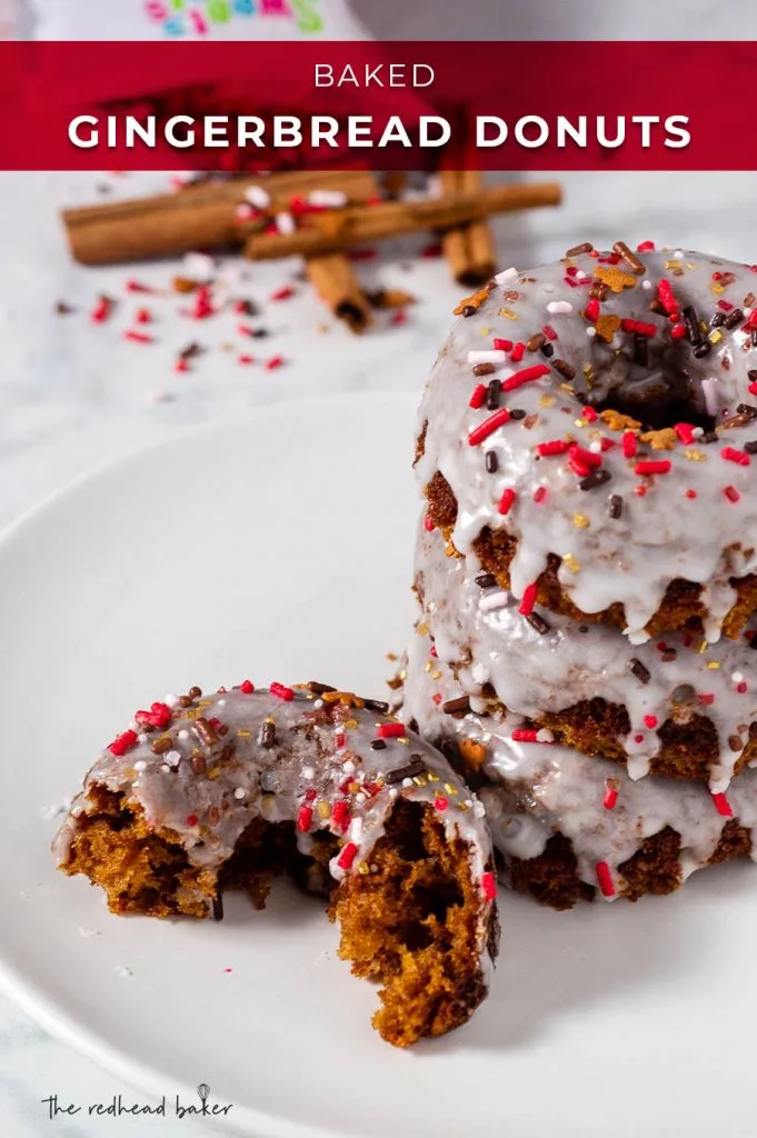 A plate with three stacked gingerbread donuts and half of another to the side