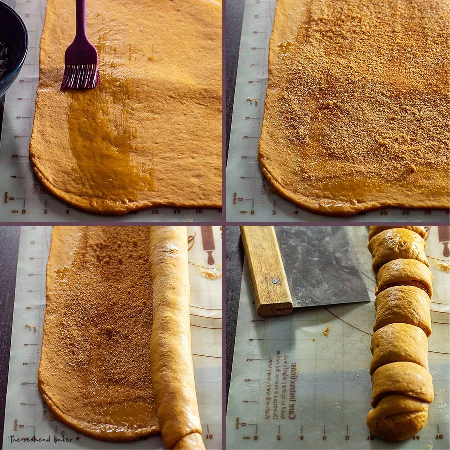 A collage of steps for forming gingerbread cinnamon rolls