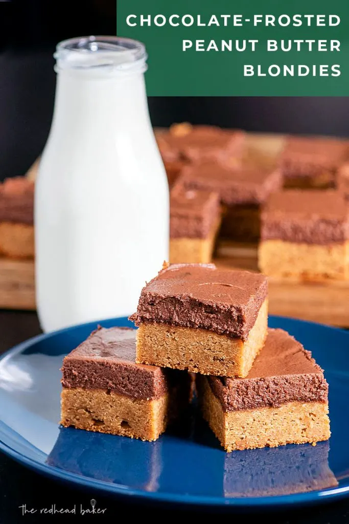 These chocolate-frosted peanut butter blondies are an easy dessert for the peanut butter lover in your life. They have a soft center and creamy chocolate frosting.