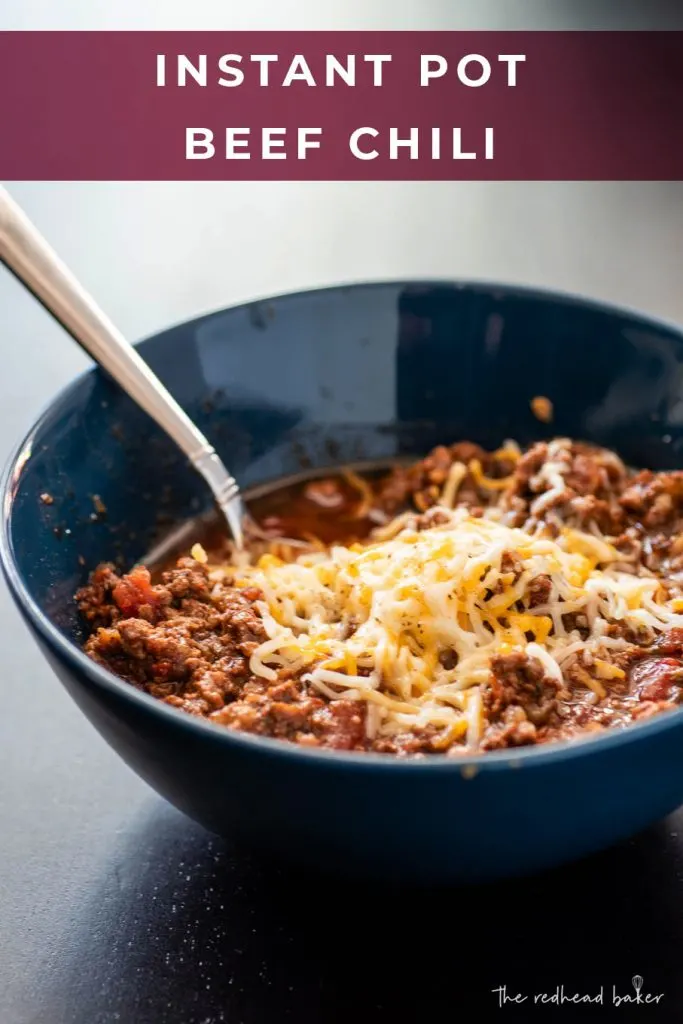 Rich and hearty beef chili in about an hour? Yes, with the Instant Pot! Serve a bowl of this comfort classic topped with cheese, avocado, cilantro or green onions.