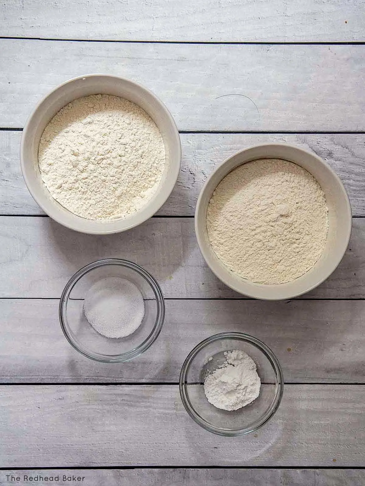 Lemon pound cake dry ingredients: all-purpose flour, cake flour, baking powder and salt.