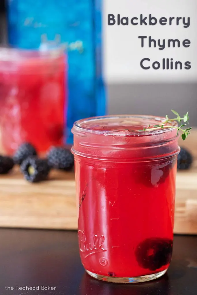 A close-up view of a blackberry thyme collins garnished with a sprig of thyme and blackberries