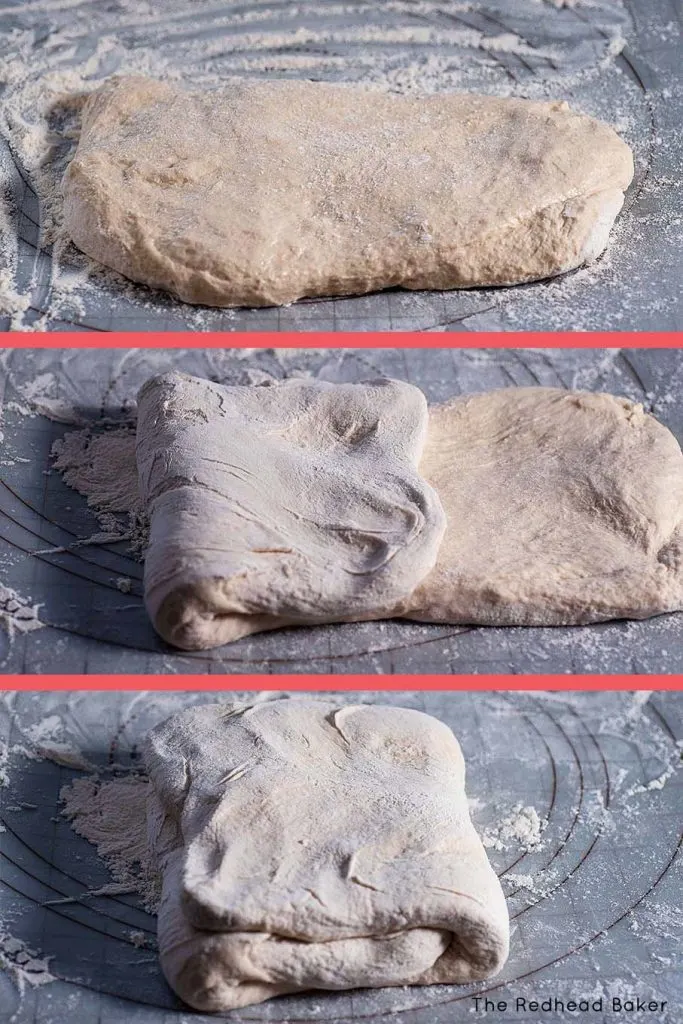 The three stages of shaping ciabatta: a flat rectangle, one third folded in, the second third folded in