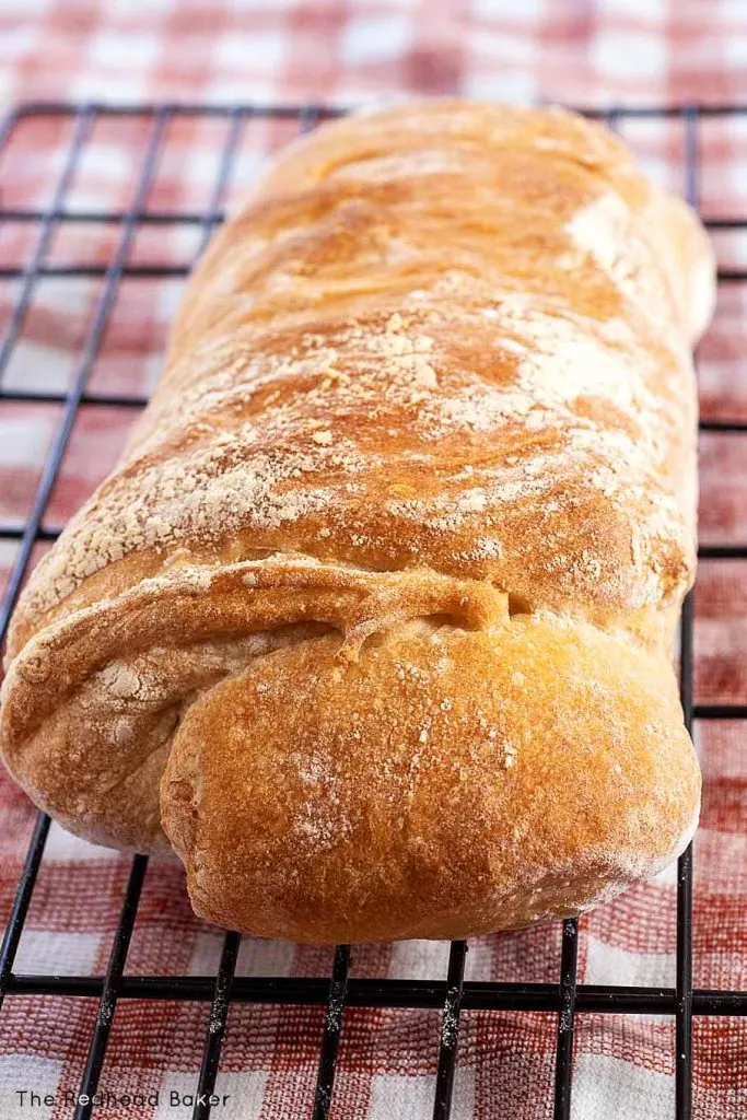 A whole baked loaf of ciabatta