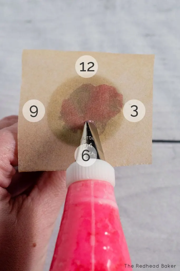 A visual example of holding the piping bag in the 6 o'clock position.