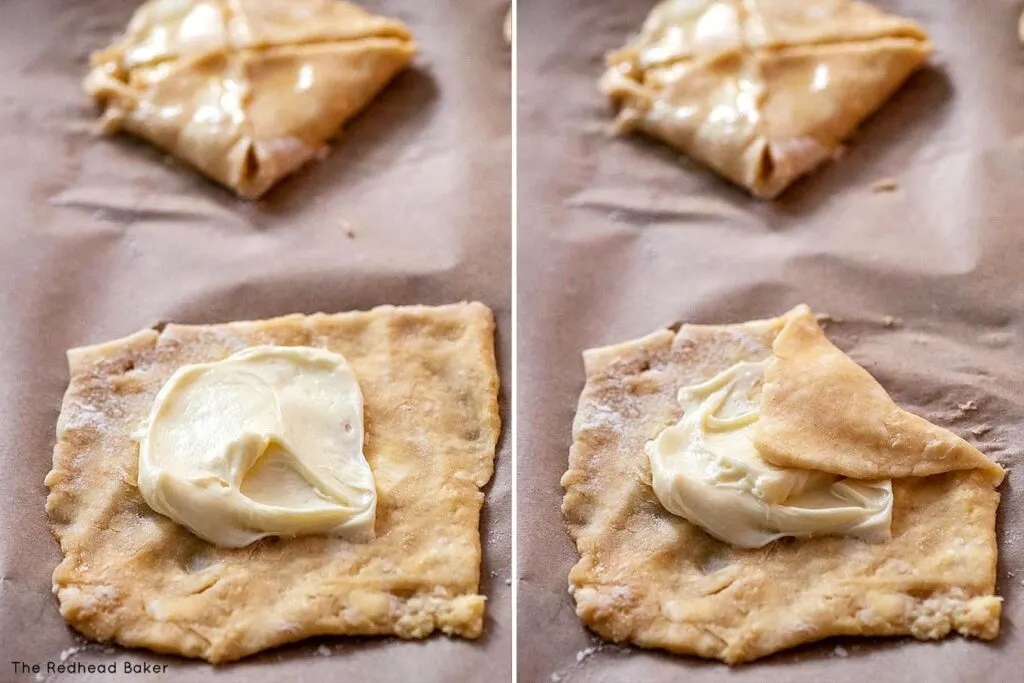 Two images showing how to shape the danish: on the left, a square with filling in the middle; on the right, a square with filling in the middle and one corner folded in, over the filling