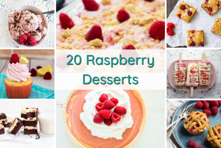 A collage of 8 of the featured 20 recipes for raspberry desserts