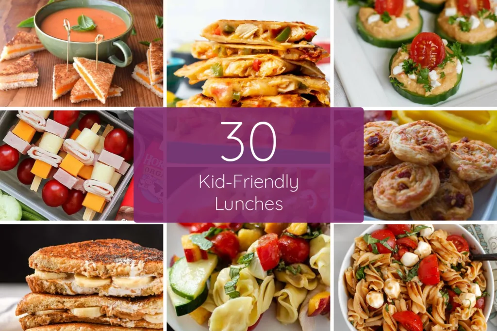 A collage of 8 photos of kid-friendly lunches with text overlay that reads "30 Kid-Friendly Lunches"