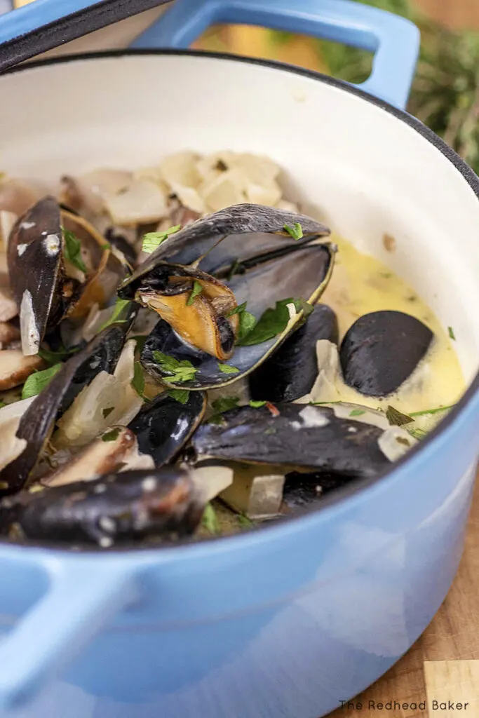 A mini Dutch oven with cooked mussels in cider sauce
