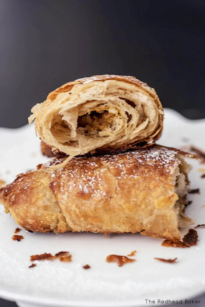 The inside of a baked pumpkin croissant