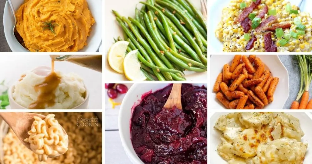 Collage of Instant Pot Thanksgiving Recipes: mashed sweet potatoes, green beans, creamed corn, carrots, scalloped potatoes, cranberry sauce, mac and cheese, and mashed potatoes