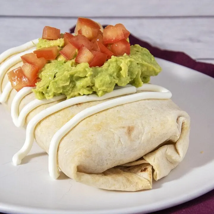 A chicken chimichanga on a white plate, topped with mashed guacamole and diced tomato