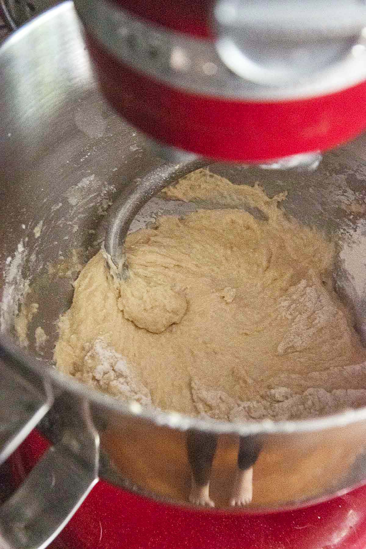 Pretzel dough at the beginning of kneading.