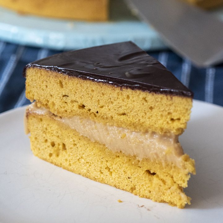 A slice of Pumpkin Boston Cream Pie.