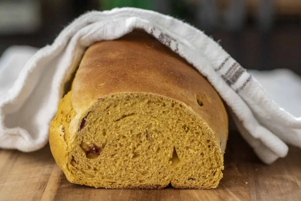 A view of the cut end of a loaf of pumpkin-cranberry yeast bread.