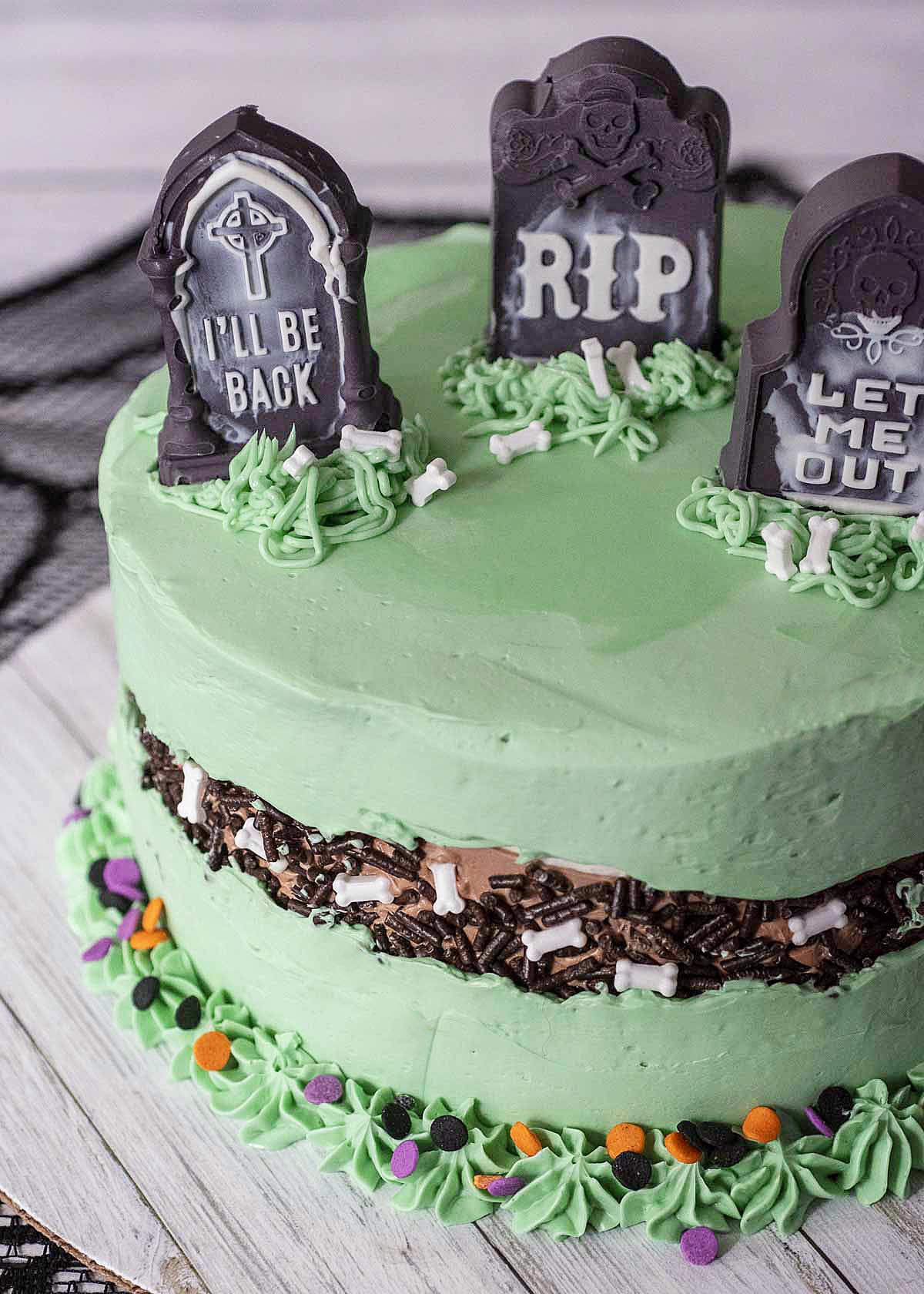 A close-up, overhead shot of a fully decorated fault line cake.