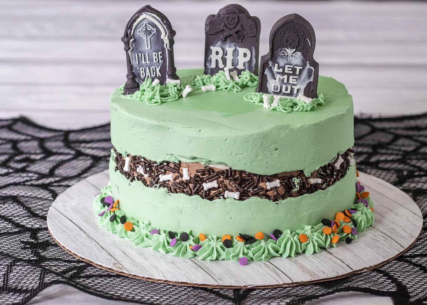 A shot of a fully decorated graveyard fault line cake.